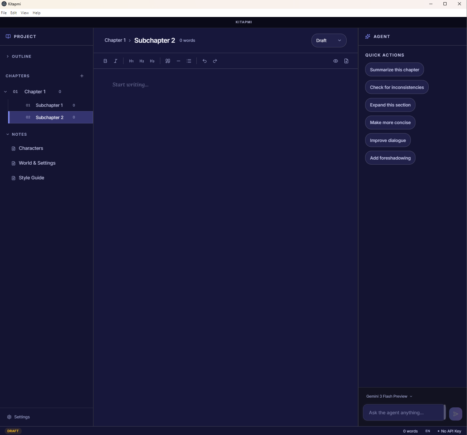 Kitapmi — AI-powered book writing IDE showing the three-panel layout with project sidebar, rich text editor, and AI agent assistant